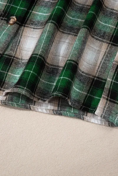 Veste à Capuche Plaid Vert Foncé avec Cordon de Serrage et Poches – Confortable et Tendance, Vêtement d'Extérieur à Carreaux Pour Toutes Saisons