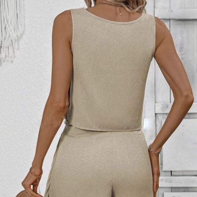 Ensemble short de couleur unie avec épaules dénudées et laçage pour femme