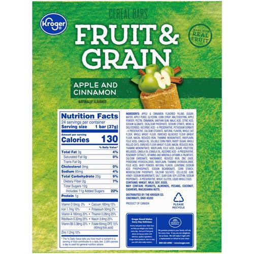 Barres déjeuner aux fruits et céréales, pomme et cannelle, Kroger, 24 unités