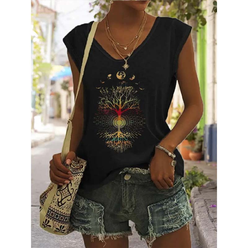 T-shirt Bohème Femme à Imprimé Lune et Arbre