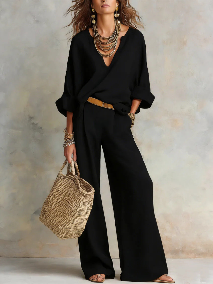 Ensemble décontracté en lin pour femme – Haut à manches trois quarts et pantalon long