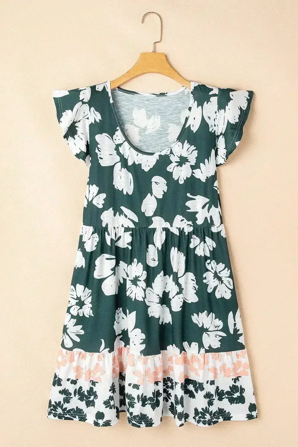 Robe courte vert foncé à imprimé floral, manches à volants et taille empire