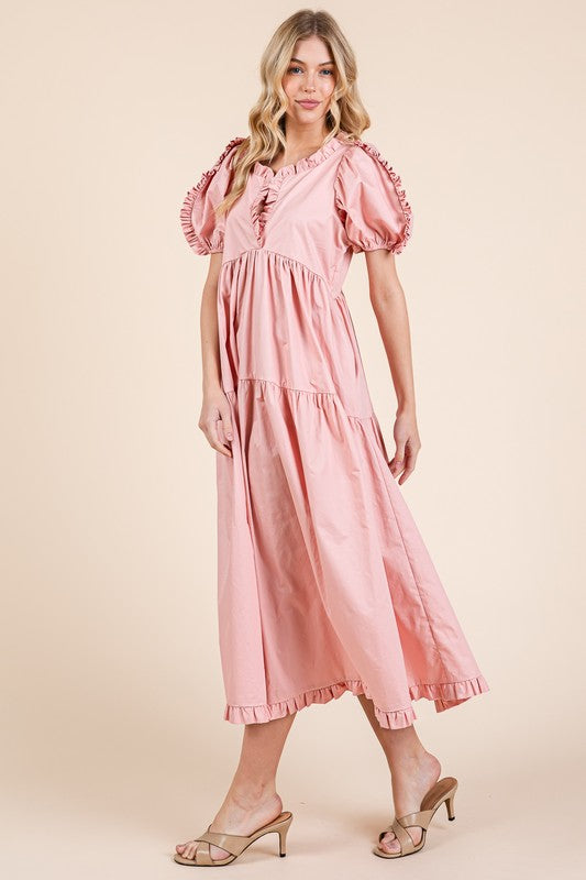 Robe mi-longue babydoll étagée à manches bouffantes et volants – Robe mi-longue babydoll légère, adorable, élégante, féminine et tendance avec volants et manches bouffantes