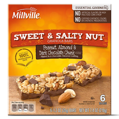 Barres Millville aux arachides, amandes et morceaux de chocolat noir, salées et sucrées, 6 unités