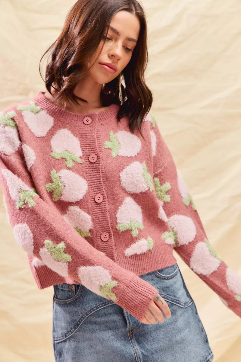 SO ME Cardigan en maille boutonnée à motif de fraises