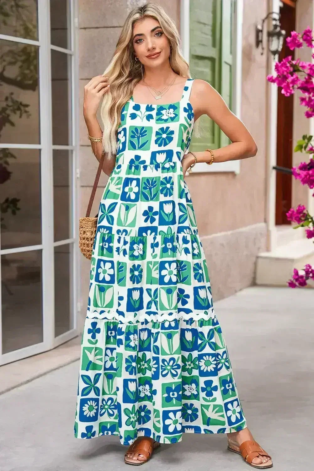 Robe longue multicolore bohème à carreaux fleuris