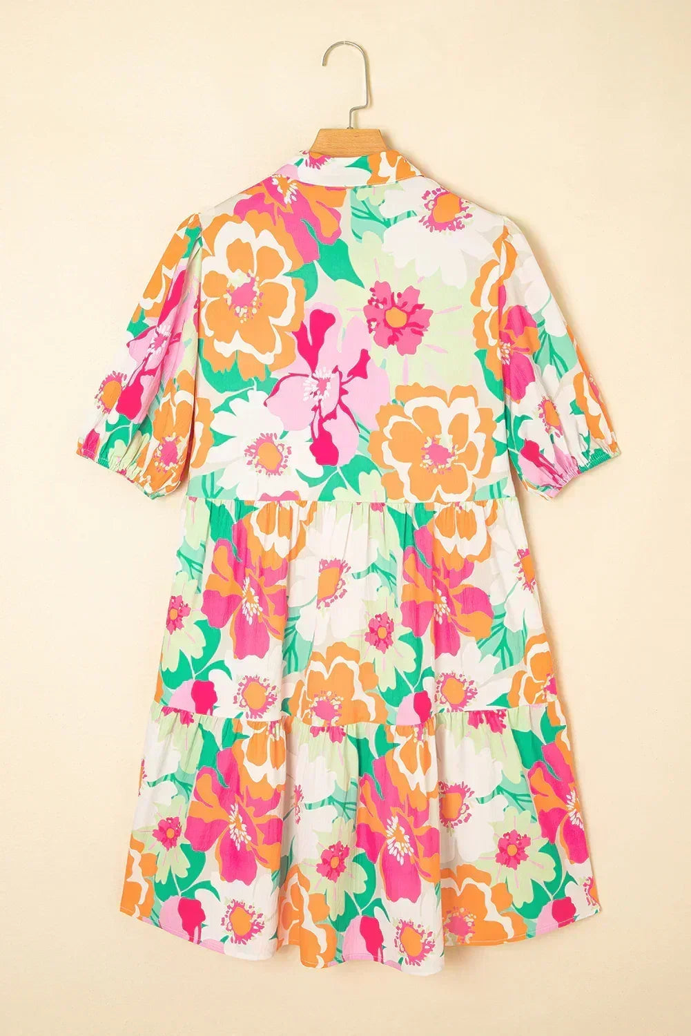 Robe Babydoll Boutonnée à Manches Bouffantes Florales Vertes