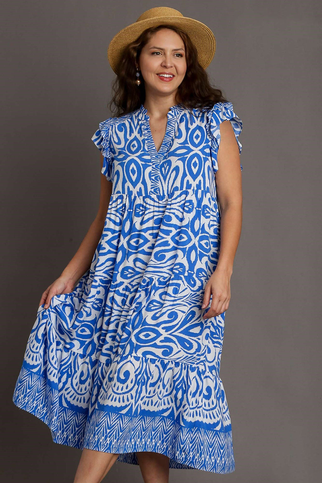 Robe mi-longue évasée à manches courtes et volants, imprimé bicolore bleu grande taille – Robe pièce maîtresse