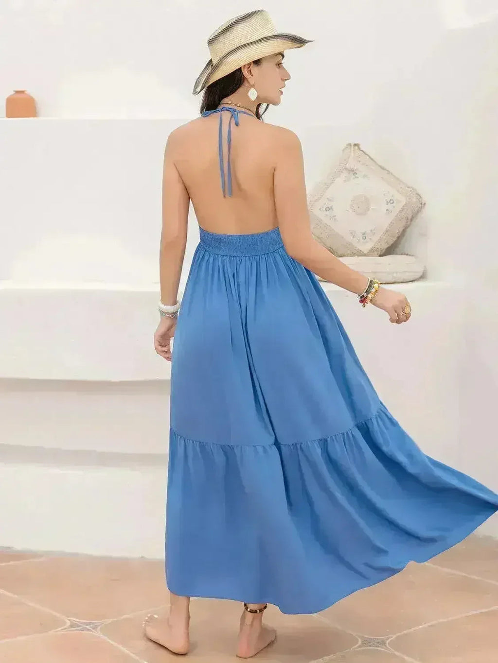 Robe longue sans manches à encolure américaine imprimée - Style vacances fluide en viscose | Femstylo