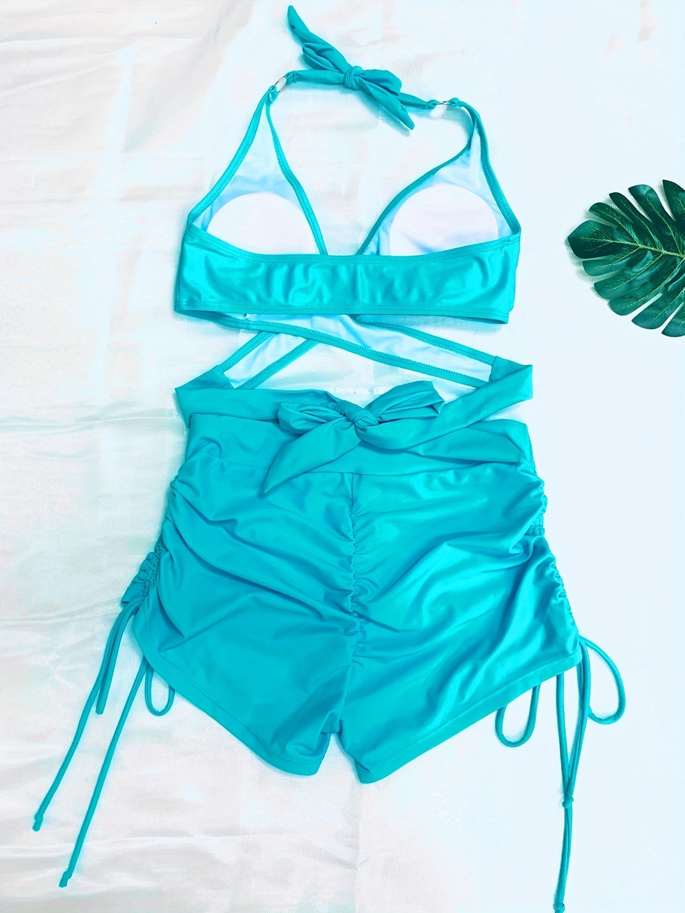 Ensemble bikini dos nu Coastal Curve pour femme – Maillot de bain dos nu à lacets avec col en V, détail anneau chic et short boxer taille haute pour l'été – Maillot de bain deux pièces élégant en nylon pour femme, style plage et piscine
