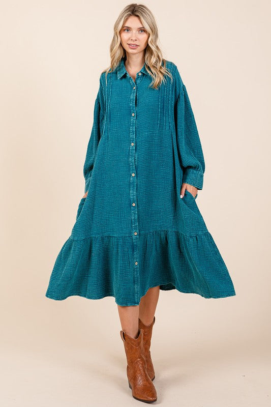 Nouvelle robe chemise longue à volants en gaze de coton délavée pour femme – Un design tendance, chic, décontracté et féminin pour toute occasion