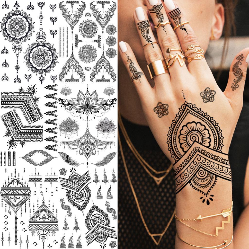 53 feuilles de tatouages temporaires en dentelle noire, autocollant papillon fleur faux tatouage, autocollant sexy henné noir tatouages temporaires pour femmes