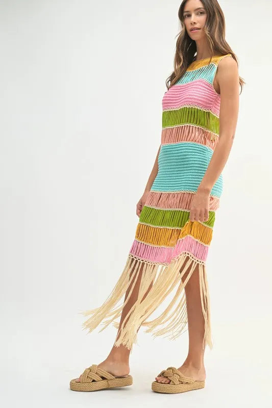 Robe Femme Tricotée au Crochet Franges Multicolores – Robe Tricotée au Crochet, Robe à Franges, Robe Multicolore, Robe Tricotée Bohème, Robe de Festival