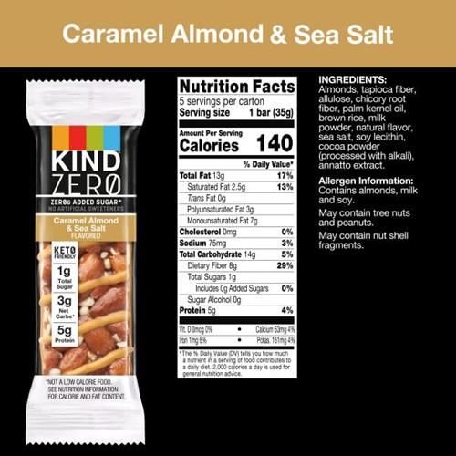 Kind Zero Sucre Ajouté Barres, Caramel Amande & Sel Marin, Collation Keto, Sans Gluten, 5G Protéines, 5 Unités