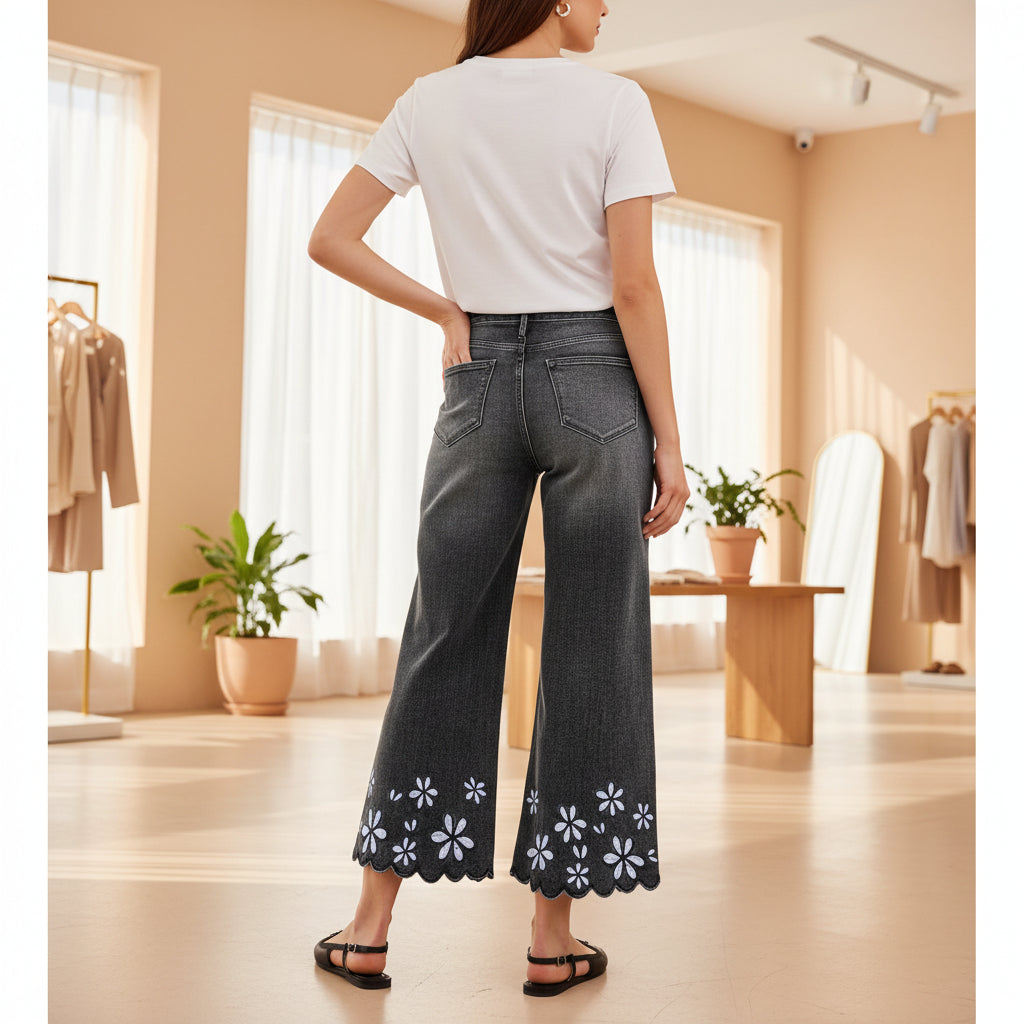 Jean en denim brodé de chrysanthèmes – Coupe droite ample pour femme