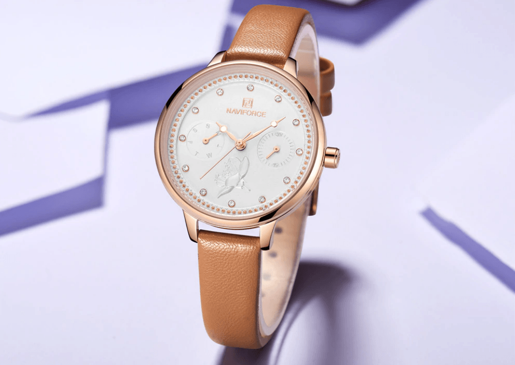 Montre de luxe élégante pour femme avec double zircon et deux chronomètres jour et date