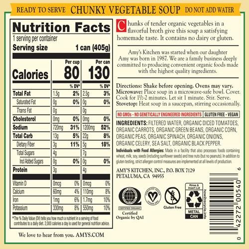 Amy’S Soup, Soupe épaisse aux légumes, végétalienne, Sans gluten, Faite avec des légumes biologiques, Soupe en conserve, 405 g