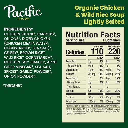 Soupe de poulet et riz sauvage légèrement salée biologique de Pacific Foods, boîte de 462 g