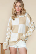 Pull en maille à épaules tombantes, motif carreaux écossais de couleur lin