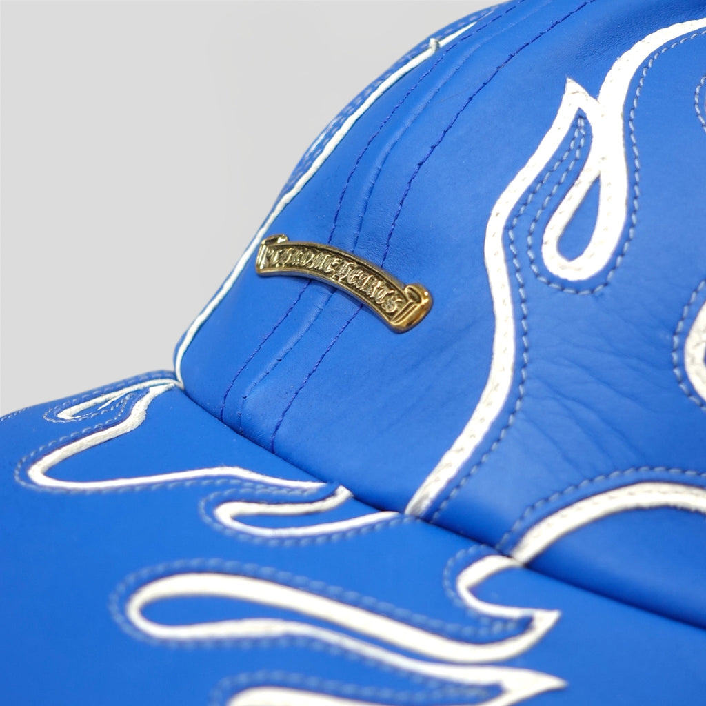 Casquette 6 panneaux Chrome Hearts en cuir, motif Flamme, couleur bleu