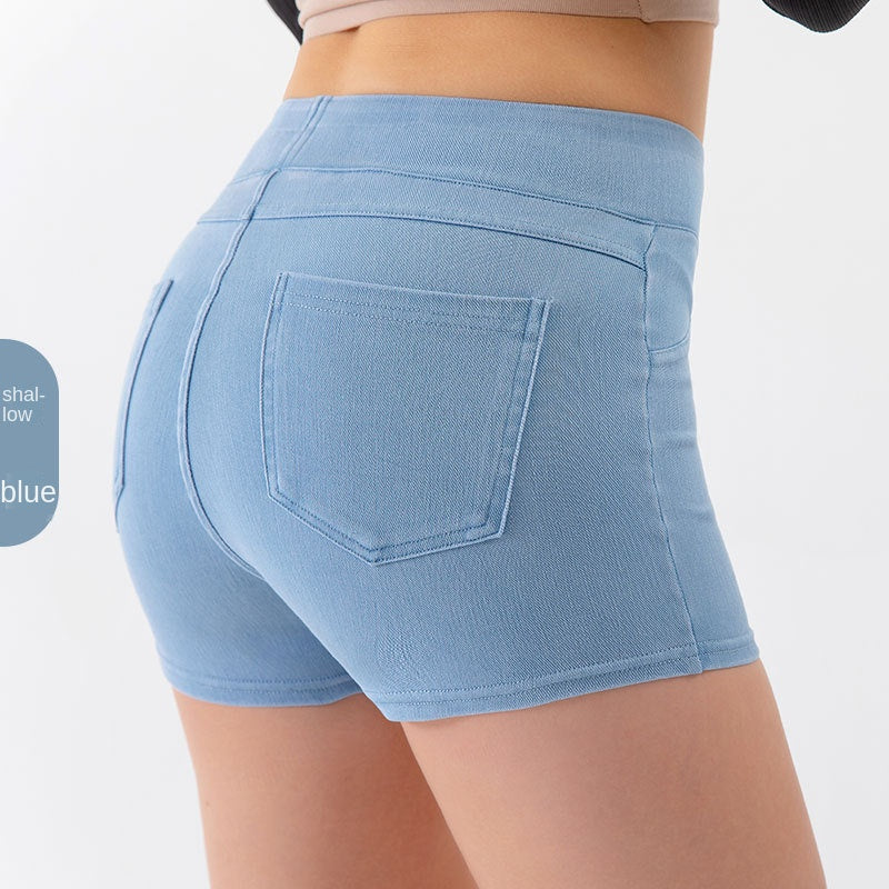 Short de yoga taille haute effet denim gainant et rehausseur de fessier – Short de sport amincissant avec contrôle du ventre