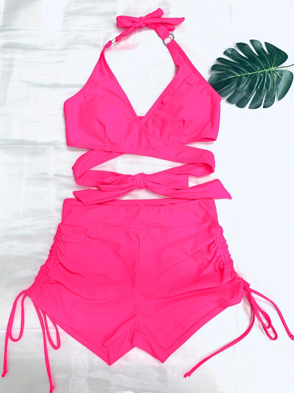 Ensemble bikini dos nu Coastal Curve pour femme – Maillot de bain dos nu à lacets avec col en V, détail anneau chic et short boxer taille haute pour l'été – Maillot de bain deux pièces élégant en nylon pour femme, style plage et piscine