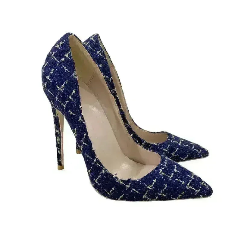 Nouvelles Escarpins à Talons Hauts Tissés 12CM Bout Pointu Talons Aiguilles Polyvalents pour Femmes
