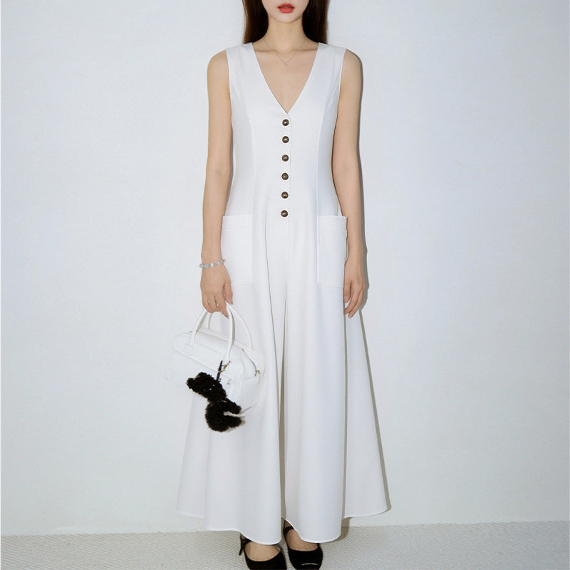 Robe crayon sans manches boutonnée à col en V pour femme