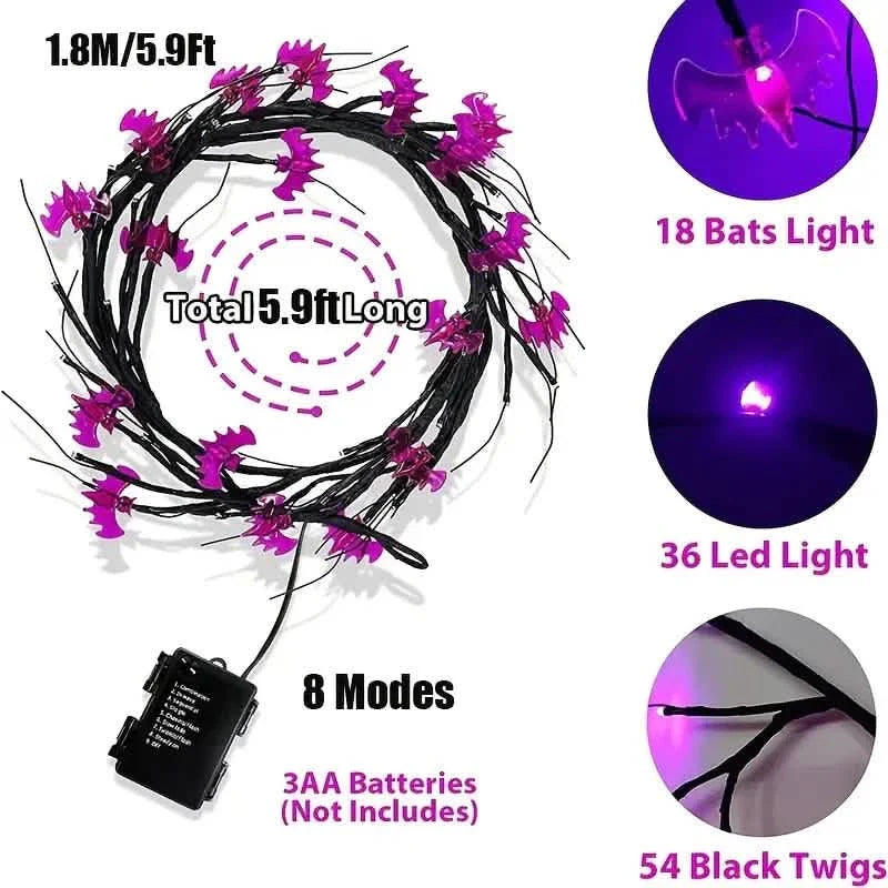 Guirlande lumineuse LED 54 chauves-souris pour Halloween, guirlande lumineuse décorative murale d'intérieur