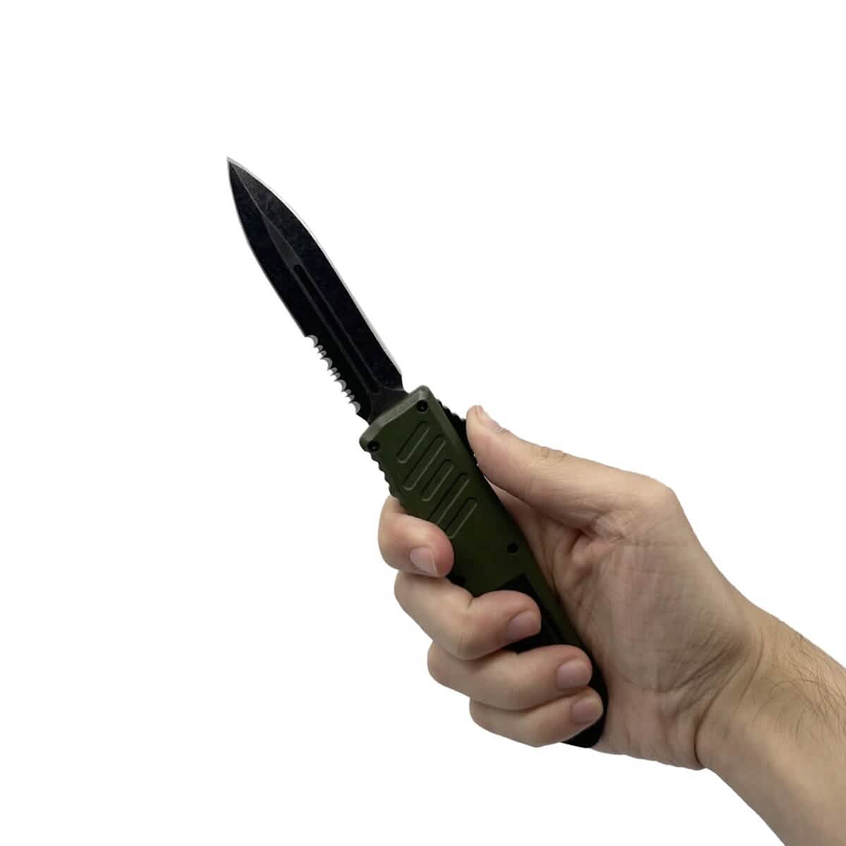 Lot de 2 : Couteau automatique OTF de 14 cm avec lame poignard semi-dentelée