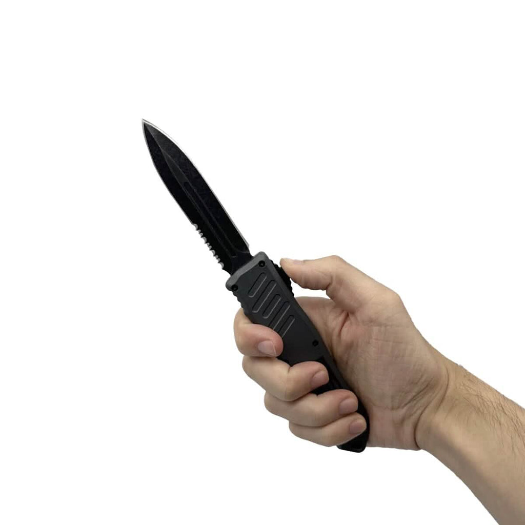 Lot de 2 : Couteau automatique OTF de 14 cm avec lame poignard semi-dentelée