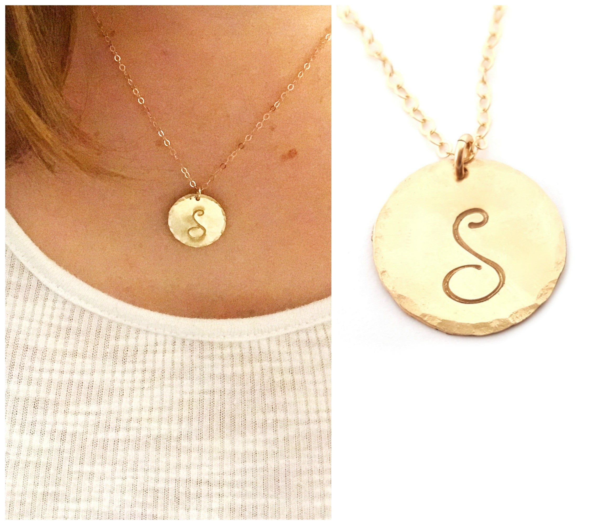 Collier disque martelé plaqué or avec initiale personnalisée