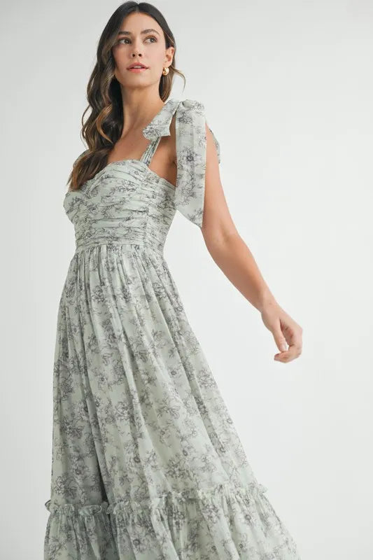 Robe midi froncée à imprimé floral et bretelles à nouer pour femme – Robe midi froncée pour l'été, Robe à imprimé floral, Robe à bretelles à nouer, Robe midi féminine, Robe chic pour événements