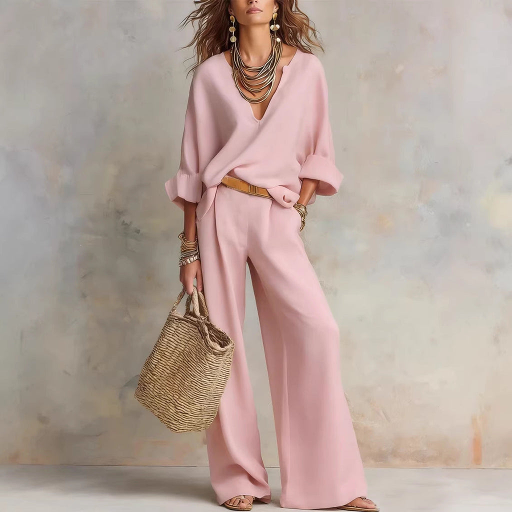 Ensemble décontracté en lin pour femme – Haut à manches trois quarts et pantalon long