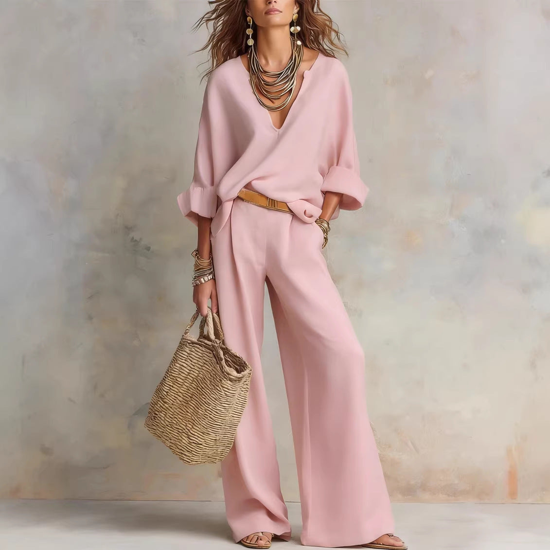 Ensemble décontracté en lin pour femme – Haut à manches trois quarts et pantalon long