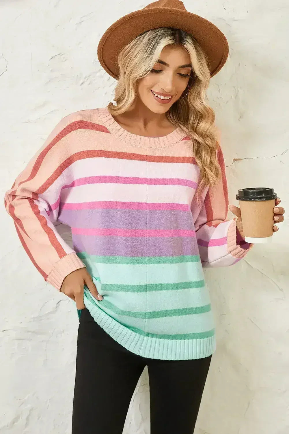 Pull ample à dégradé, bords côtelés rayés multicolores