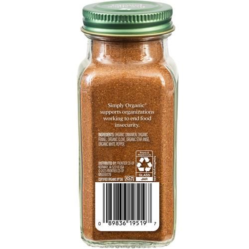 Mélange Cinq Épices Simply Organic, 57 g, Cannelle, Graines de fenouil, Clous de girofle, Anis étoilé et Poivre blanc, Sans OGM, Casher