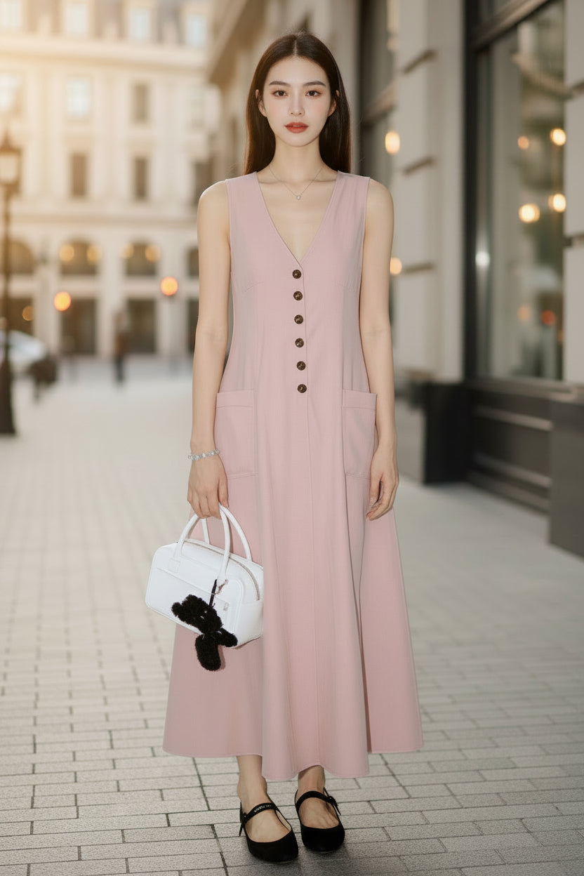 Robe crayon sans manches boutonnée à col en V pour femme