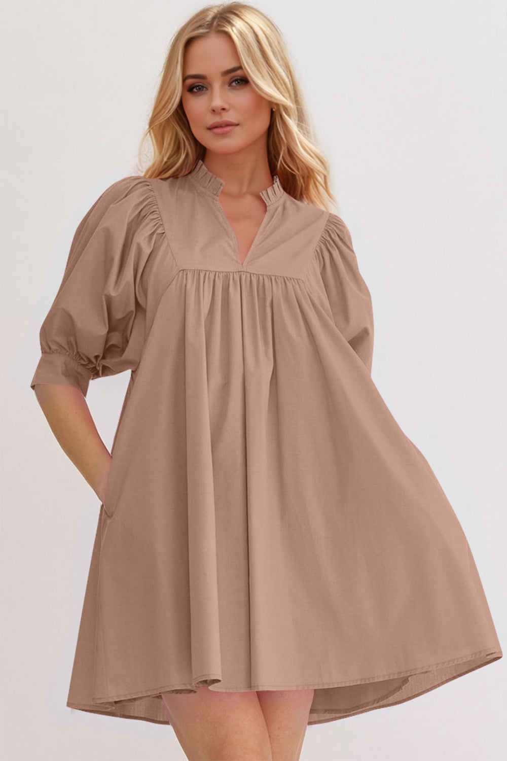 Mini-robe rose à manches bouffantes Robe décontractée et féminine pour femme Robe d'été simple et classique