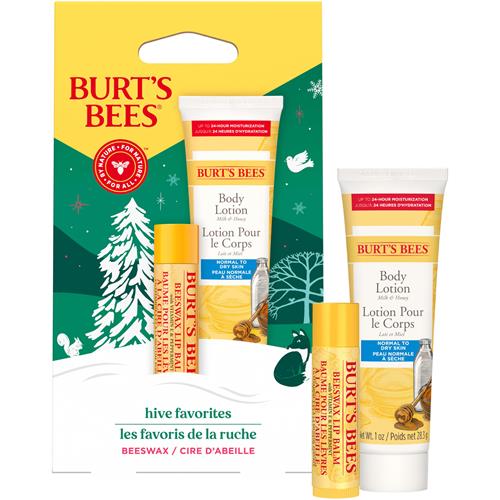 Coffret Cadeau de Noël Burt's Bees Hive Favorites Cire d'Abeille, Baume à Lèvres à la Cire d'Abeille et Lait Corporel Format Voyage au Lait et au Miel