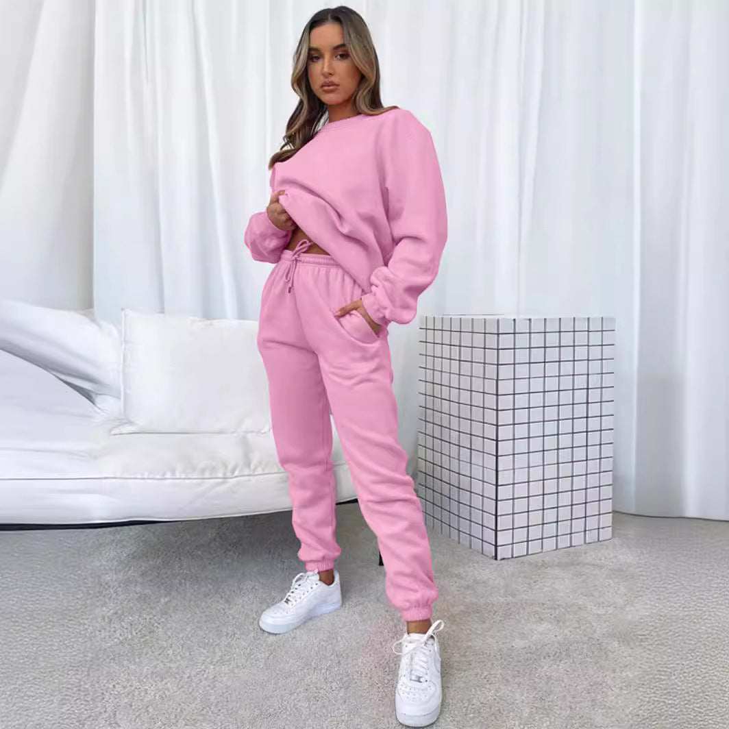 👚 Ensemble pantalon et sweat-shirt uni à col rond pour femme