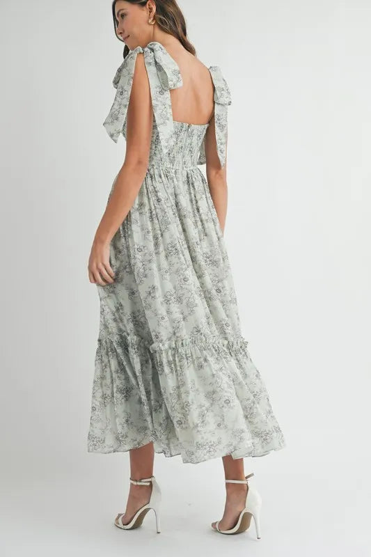 Robe midi froncée à imprimé floral et bretelles à nouer pour femme – Robe midi froncée pour l'été, Robe à imprimé floral, Robe à bretelles à nouer, Robe midi féminine, Robe chic pour événements