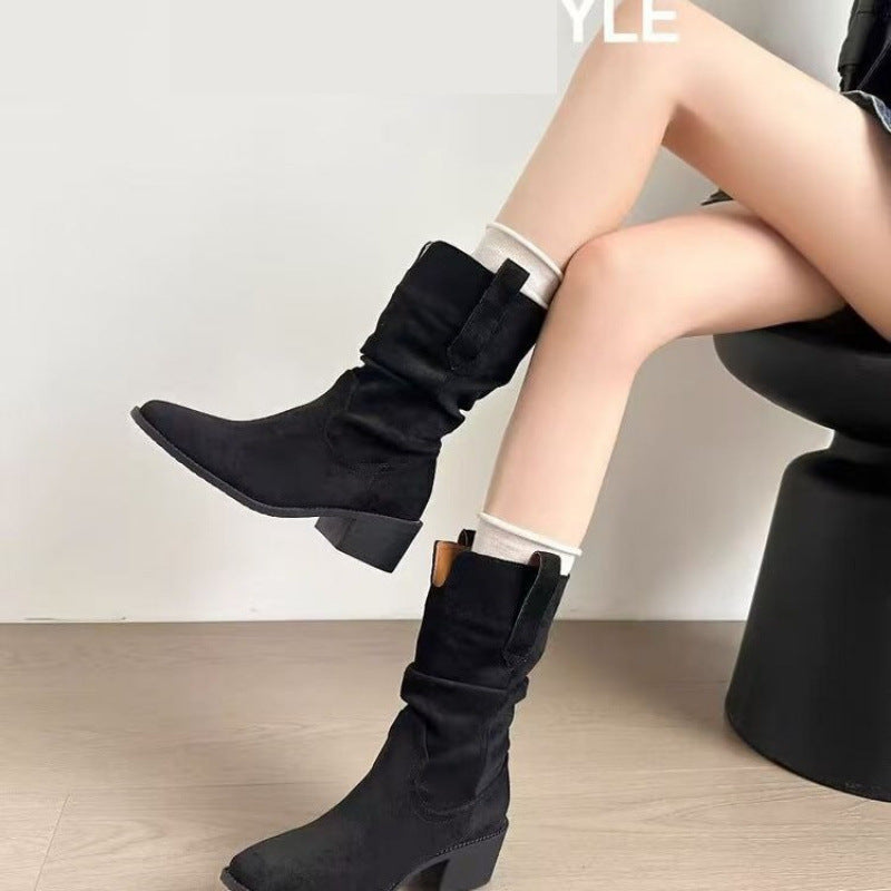 Bottes courtes plissées en cuir de vachette style western pour femme, collection automne
