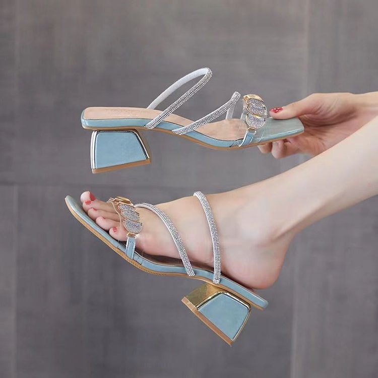 Sandales à talon mi-épais pour femme, style coréen, avec strass et bride unique