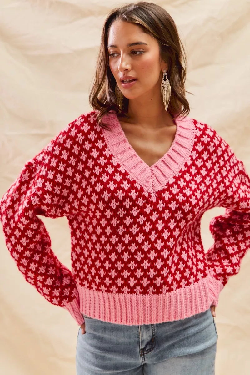 SO ME Pull de Noël texturé à blocs de couleurs avec décolleté en V
