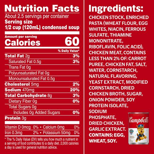 Soupe condensée pour enfants Campbell’s, pâtes en forme de patte de patrouille avec poulet dans un bouillon de poulet, boîte de 10,5 oz