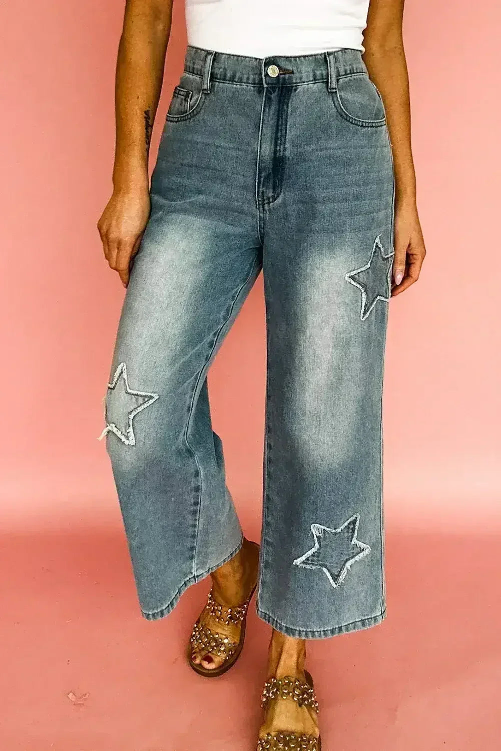 Jean taille haute large en patchwork Stone Blue Star délavé clair