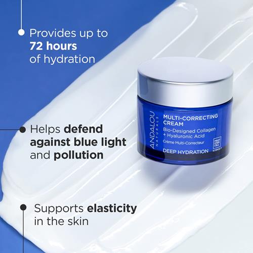 Crème Hydratante Visage Hydratation Intense Andalou Naturals, Crème Multi-Correctrice, Hydratant Jour et Nuit Pour le Visage à l'Acide Hyaluronique et au Collagène Végétalien Pour une Peau Plus Douce et Plus Souple, 50 ml