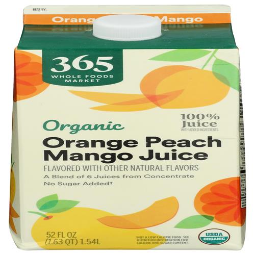 Whole Foods Market, Jus d'orange, pêche et mangue biologiques, 52 oz liq.