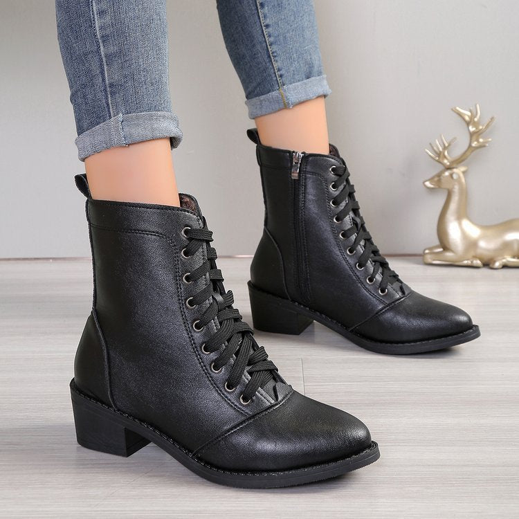 Bottes montantes en cuir zippées style britannique — Bottes de mode tendance pour femme
